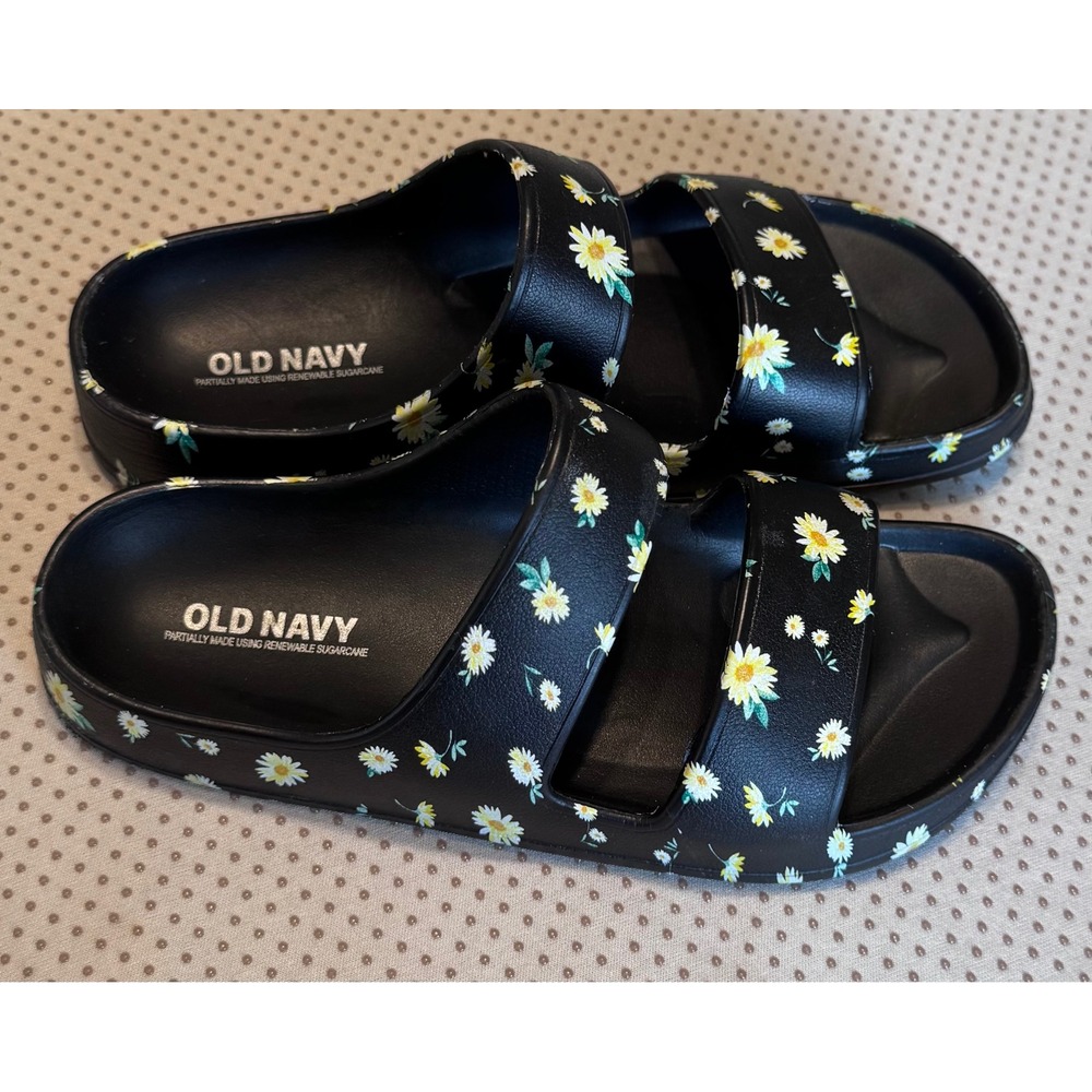 Old Navy Kids Black Daisy Floral Two Strap Slide Sandals Size 1-2 Summer Shoes